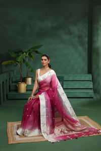 Light & Dark Pink Ombre Organza Saree with Unstitched Blouse