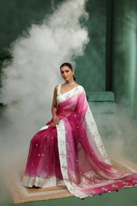 Light & Dark Pink Ombre Organza Saree with Unstitched Blouse