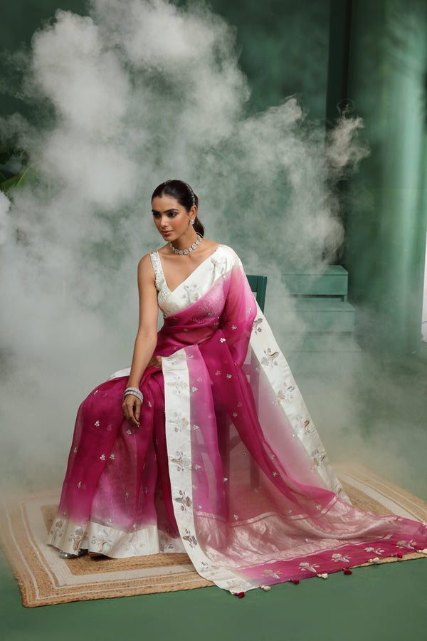 Light & Dark Pink Ombre Organza Saree with Unstitched Blouse