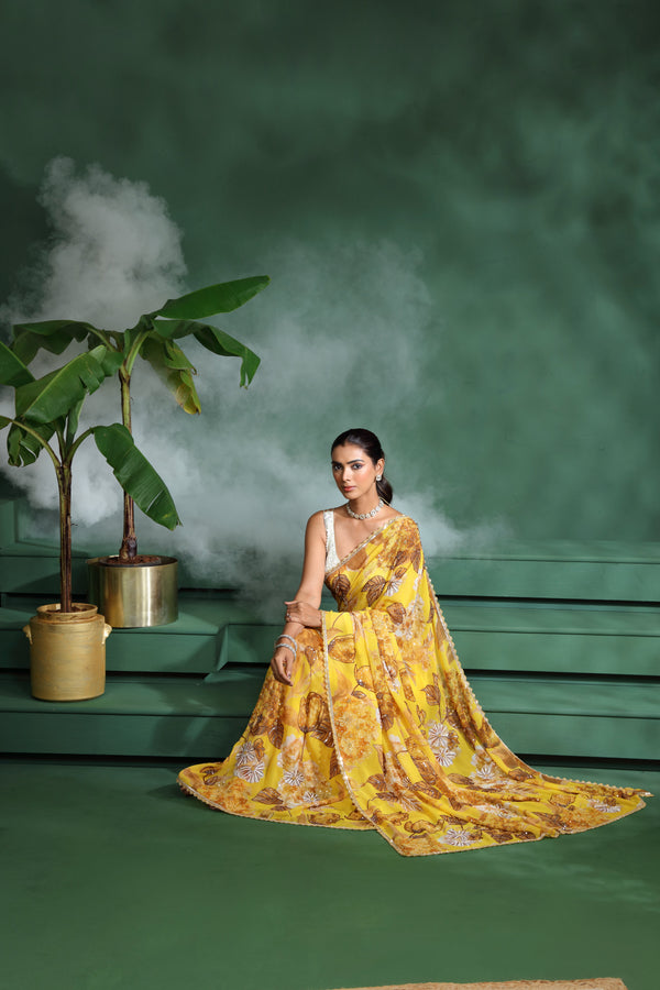 Yellow Georgette Saree with Unstitched Blouse
