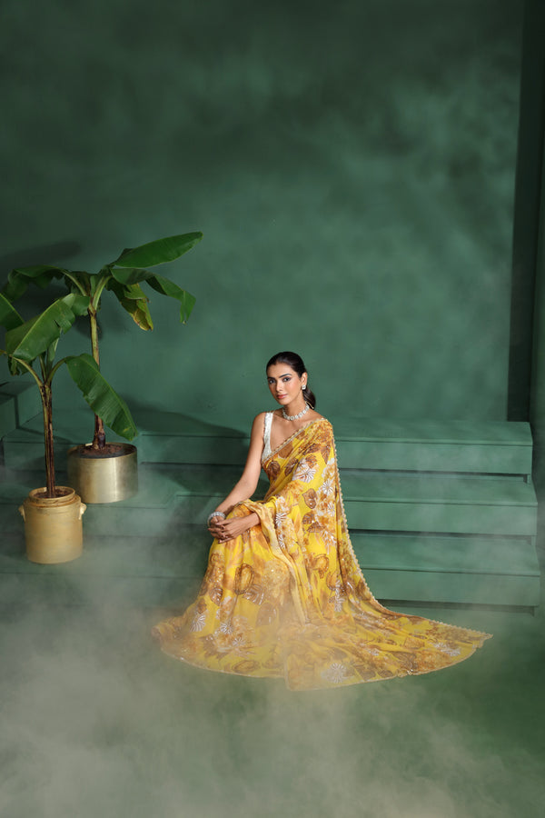 Yellow Georgette Saree with Unstitched Blouse