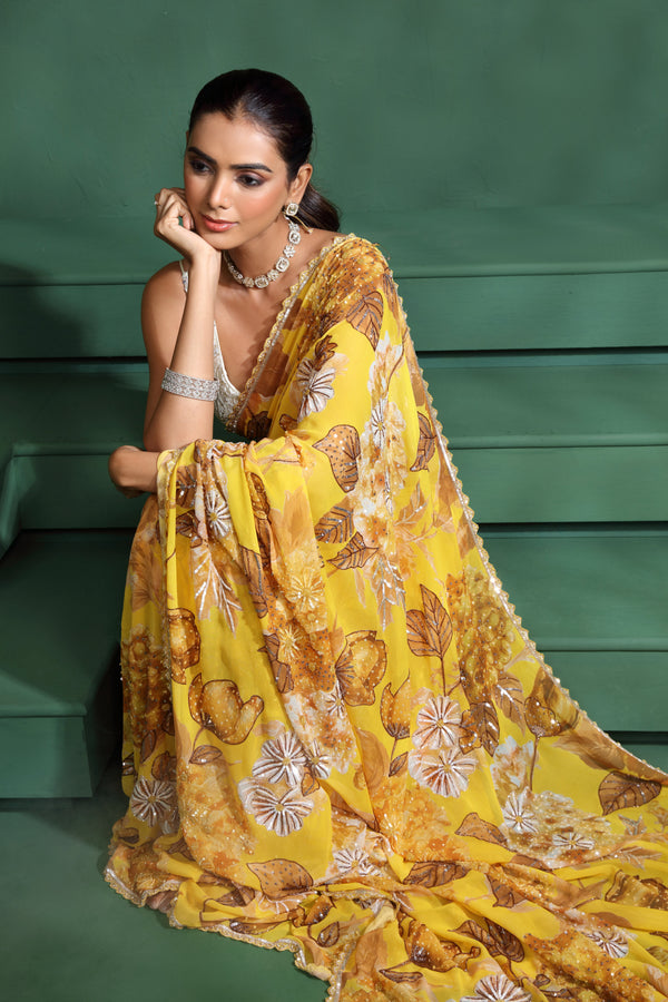 Yellow Georgette Saree with Unstitched Blouse