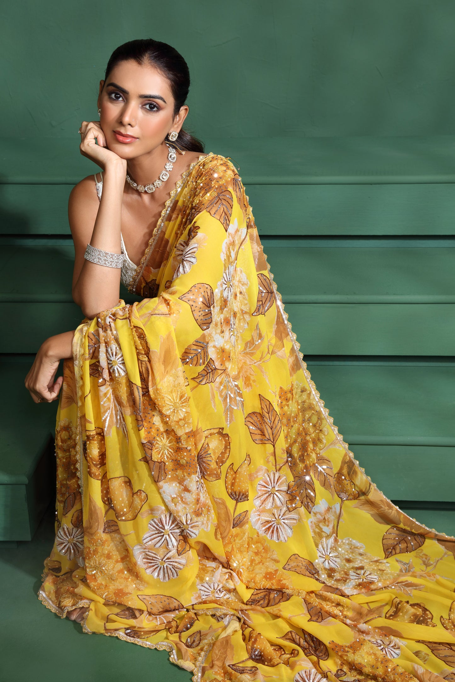 Yellow Georgette Saree with Unstitched Blouse