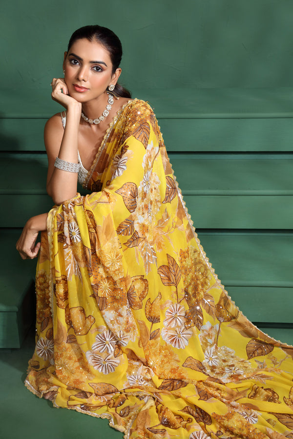 Yellow Georgette Saree with Unstitched Blouse