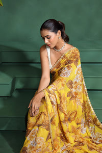 Yellow Georgette Saree with Unstitched Blouse