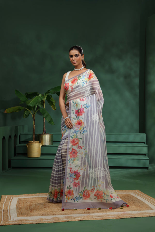 Purple Organza Saree with Unstitched Blouse