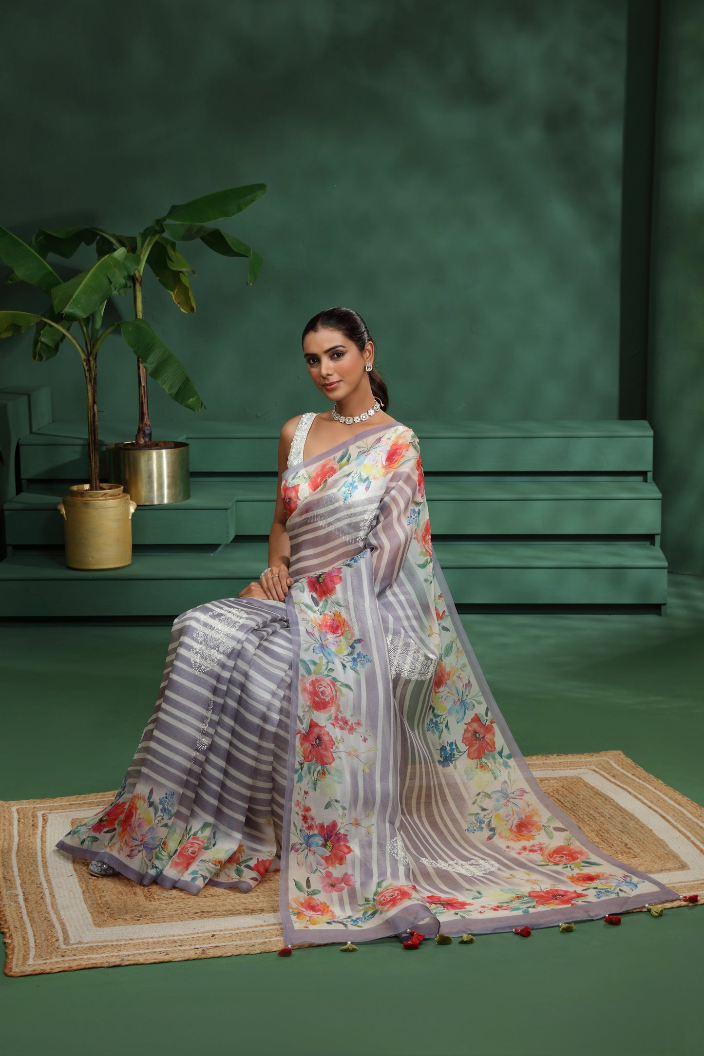 Purple Organza Saree with Unstitched Blouse