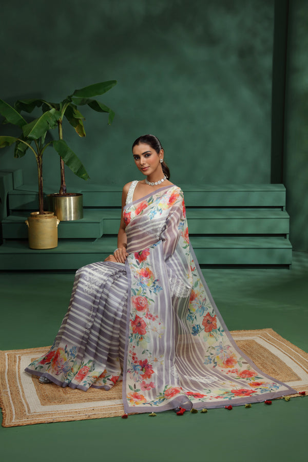 Purple Organza Saree with Unstitched Blouse