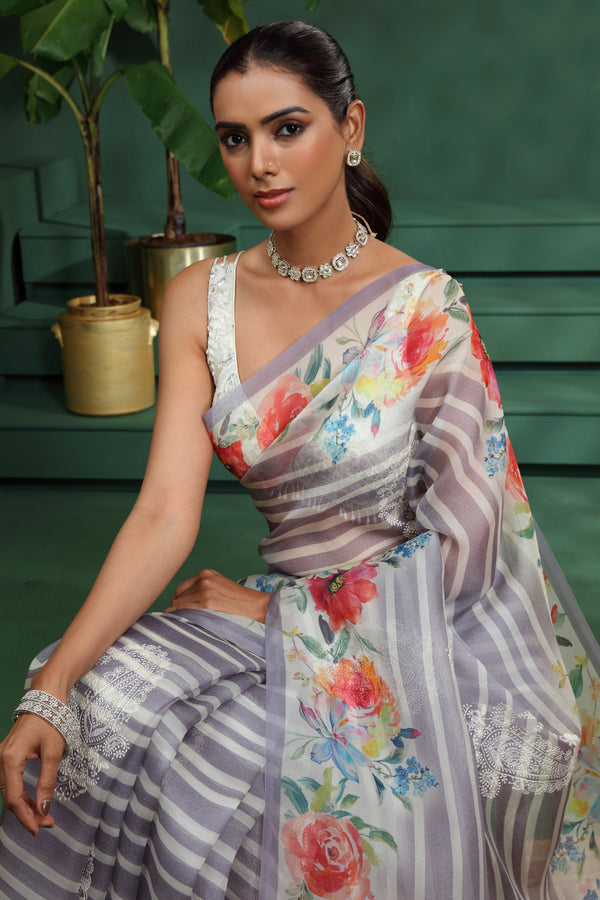 Purple Organza Saree with Unstitched Blouse
