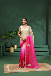 Ombre Pink and Brown Organza Saree with Unstitched Blouse