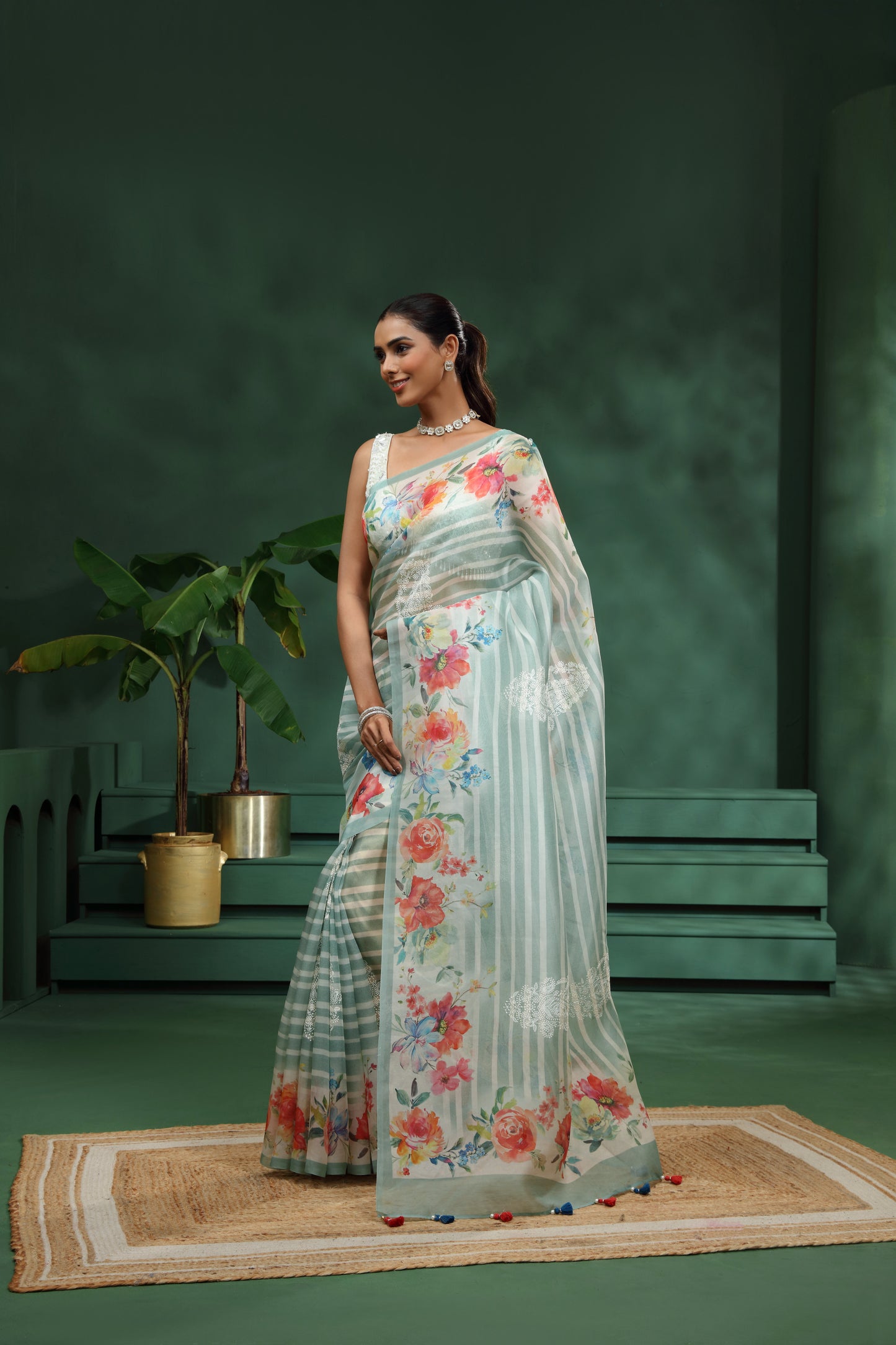 Green Organza Saree with Unstitched Blouse