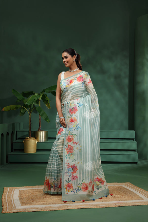 Green Organza Saree with Unstitched Blouse