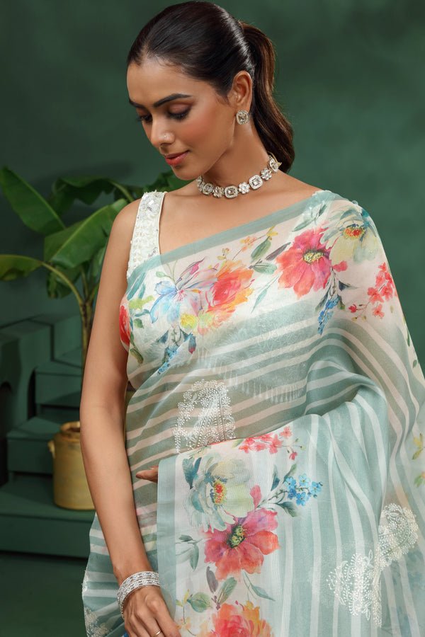 Green Organza Saree with Unstitched Blouse