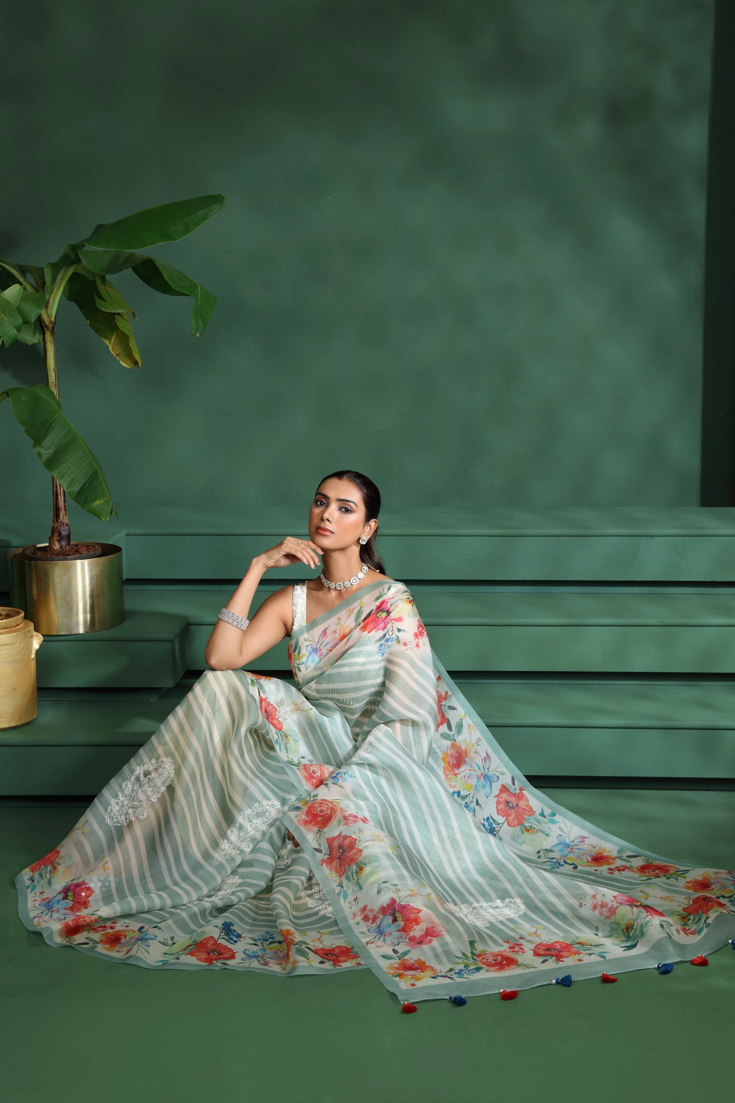 Green Organza Saree with Unstitched Blouse