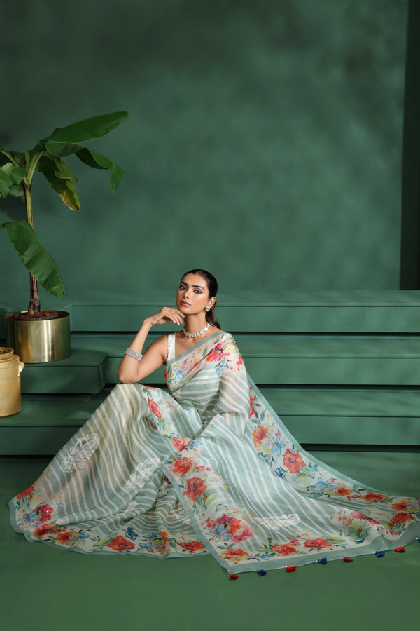 Green Organza Saree with Unstitched Blouse
