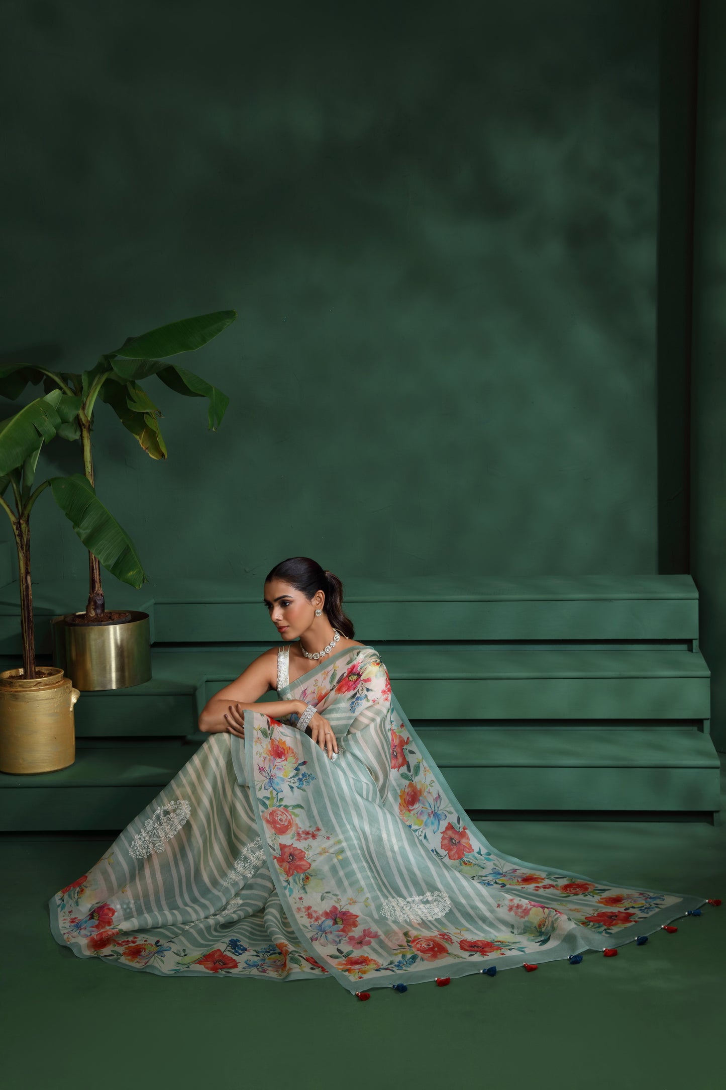 Green Organza Saree with Unstitched Blouse