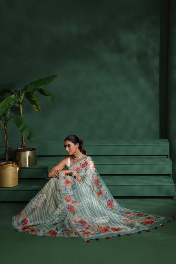 Green Organza Saree with Unstitched Blouse