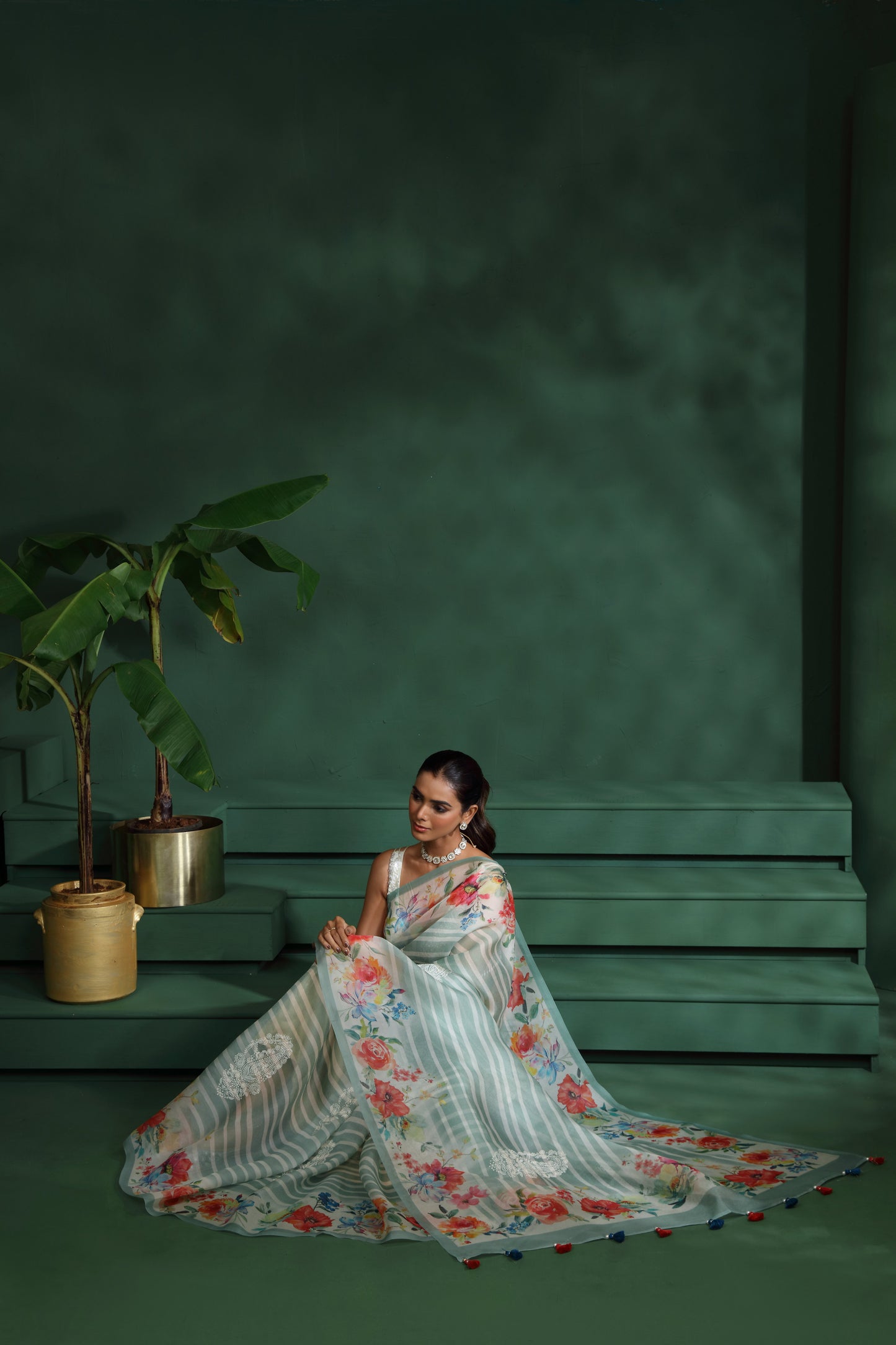 Green Organza Saree with Unstitched Blouse