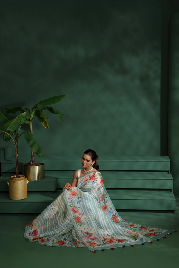 Green Organza Saree with Unstitched Blouse