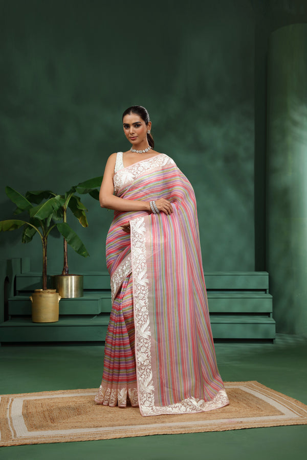Multicolour Organza Saree with Unstitched Blouse