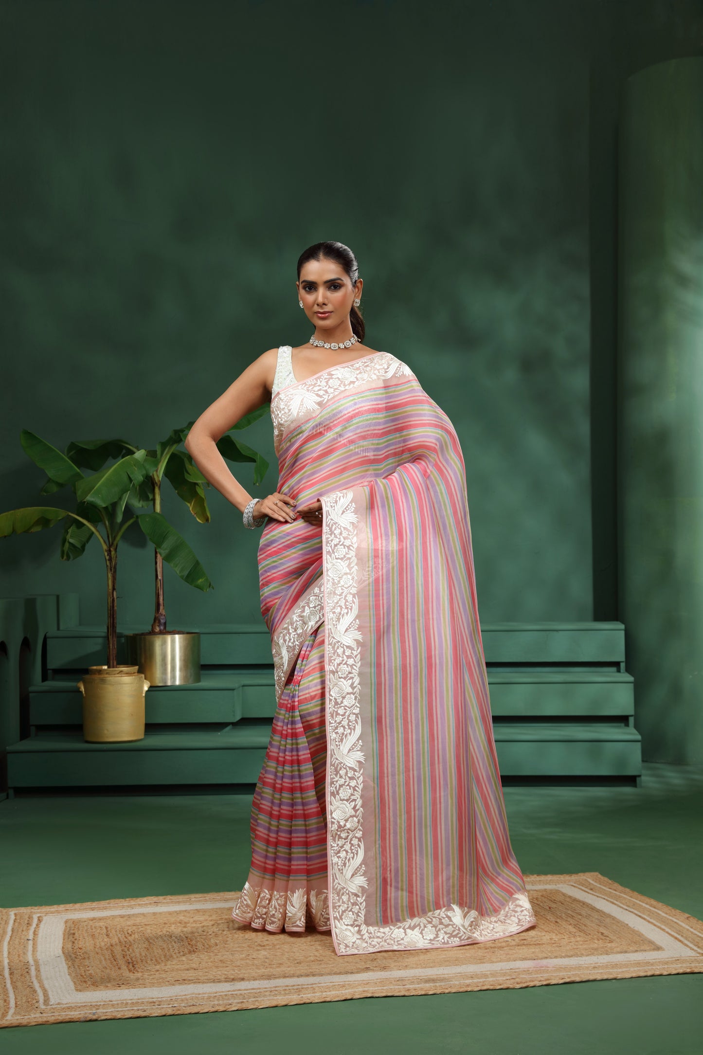 Multicolour Organza Saree with Unstitched Blouse