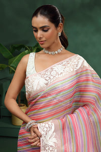 Multicolour Organza Saree with Unstitched Blouse