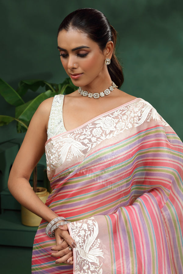 Multicolour Organza Saree with Unstitched Blouse