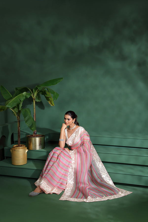 Multicolour Organza Saree with Unstitched Blouse