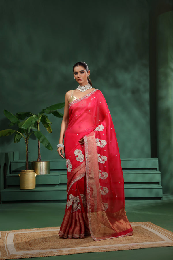 Pink Organza Saree with Unstitched Blouse