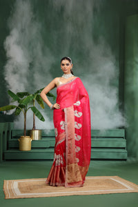 Pink Organza Saree with Unstitched Blouse