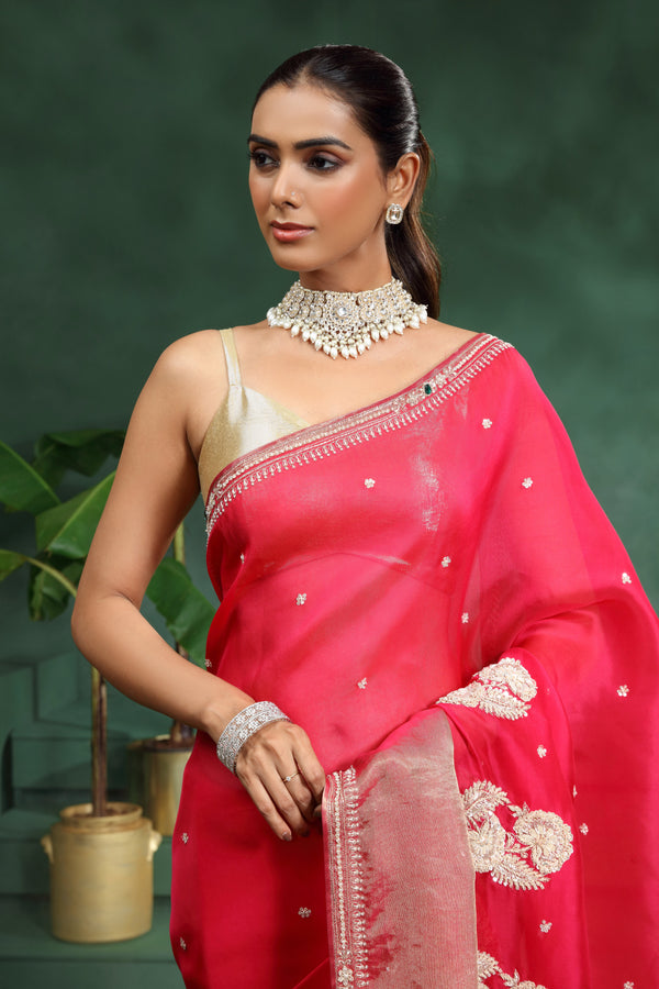 Pink Organza Saree with Unstitched Blouse