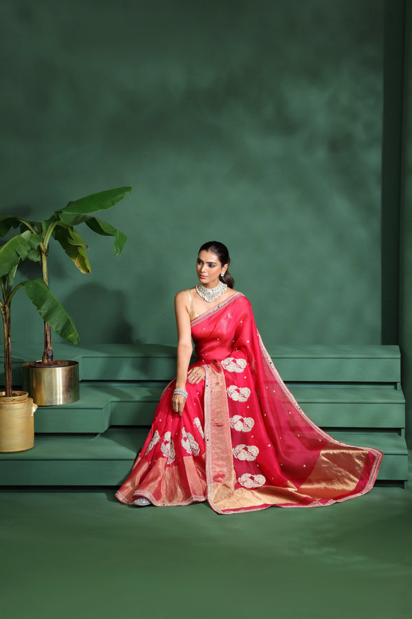 Pink Organza Saree with Unstitched Blouse