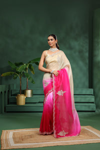 Ombre Pink and Brown Organza Saree with Unstitched Blouse