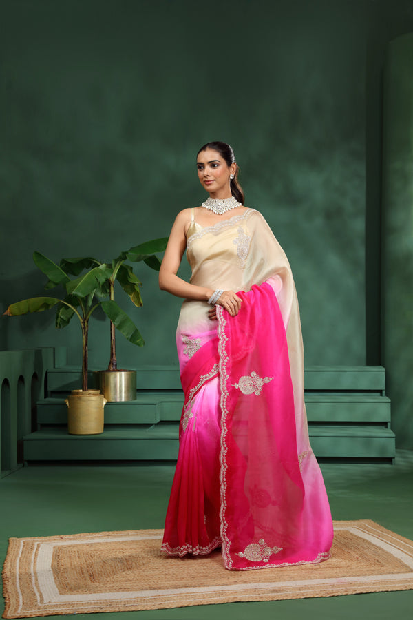 Ombre Pink and Brown Organza Saree with Unstitched Blouse