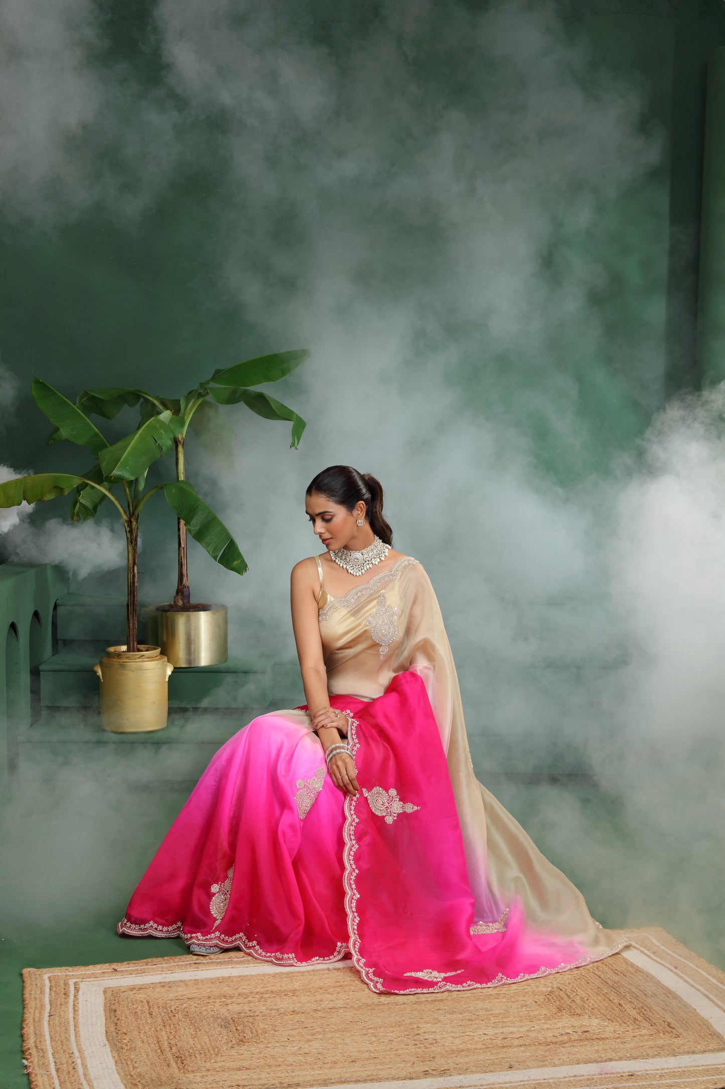 Ombre Pink and Brown Organza Saree with Unstitched Blouse
