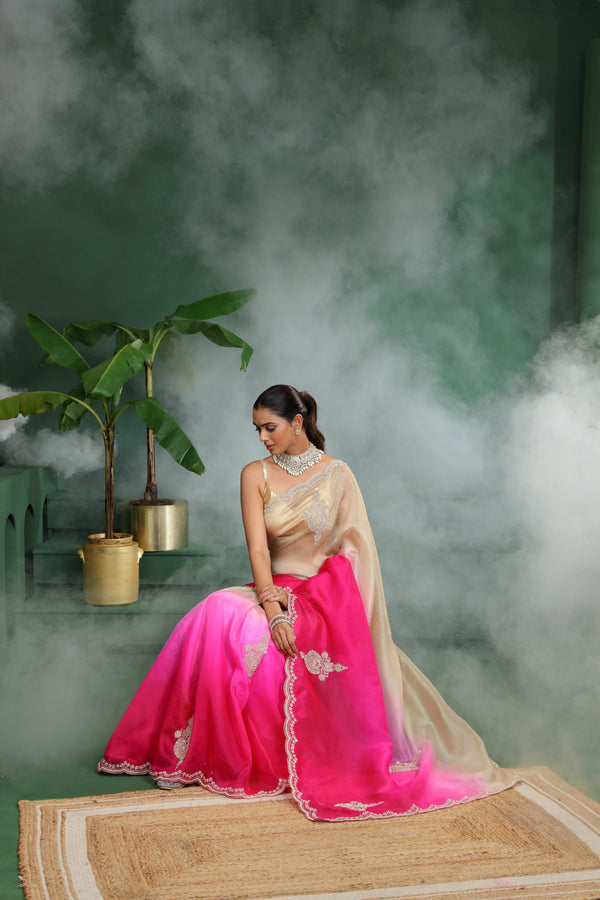 Ombre Pink and Brown Organza Saree with Unstitched Blouse