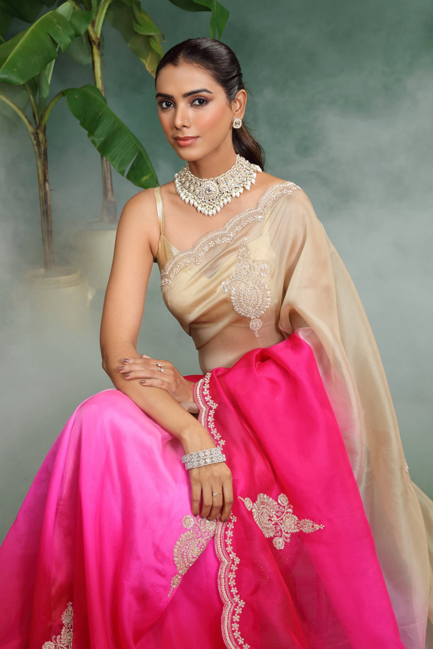 Ombre Pink and Brown Organza Saree with Unstitched Blouse