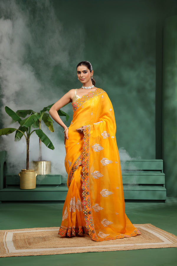 Yellow Organza Saree with Unstitched Blouse