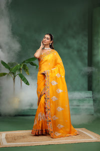 Yellow Organza Saree with Unstitched Blouse