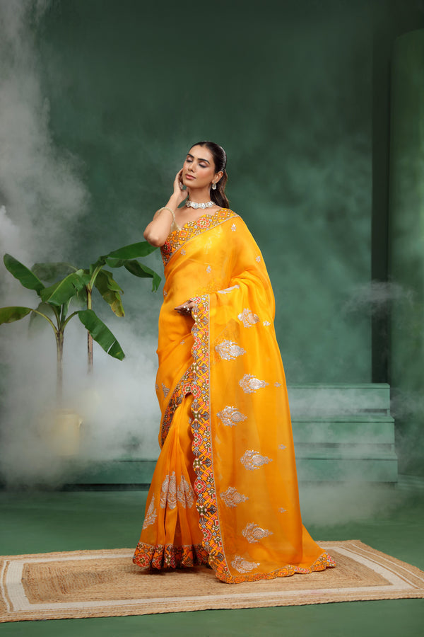 Yellow Organza Saree with Unstitched Blouse