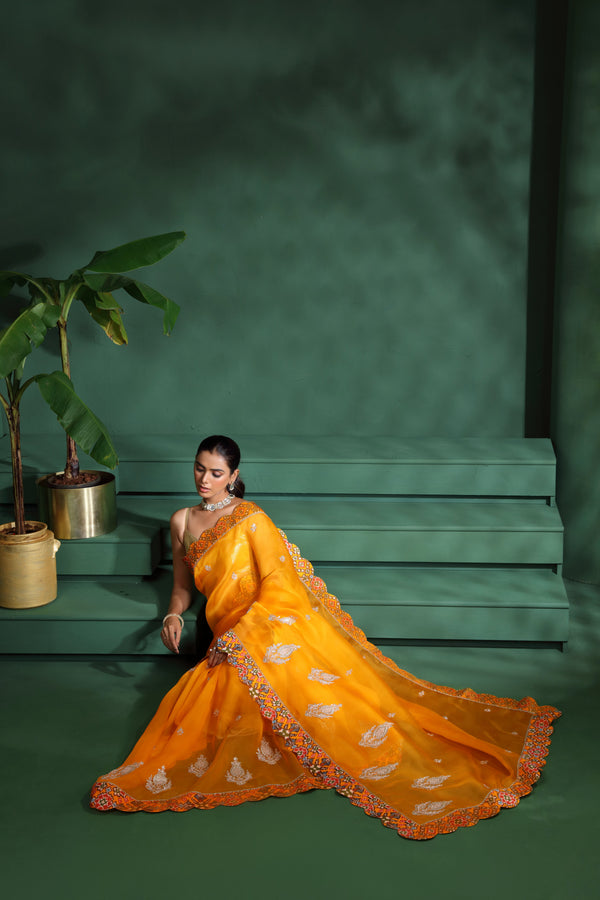 Yellow Organza Saree with Unstitched Blouse