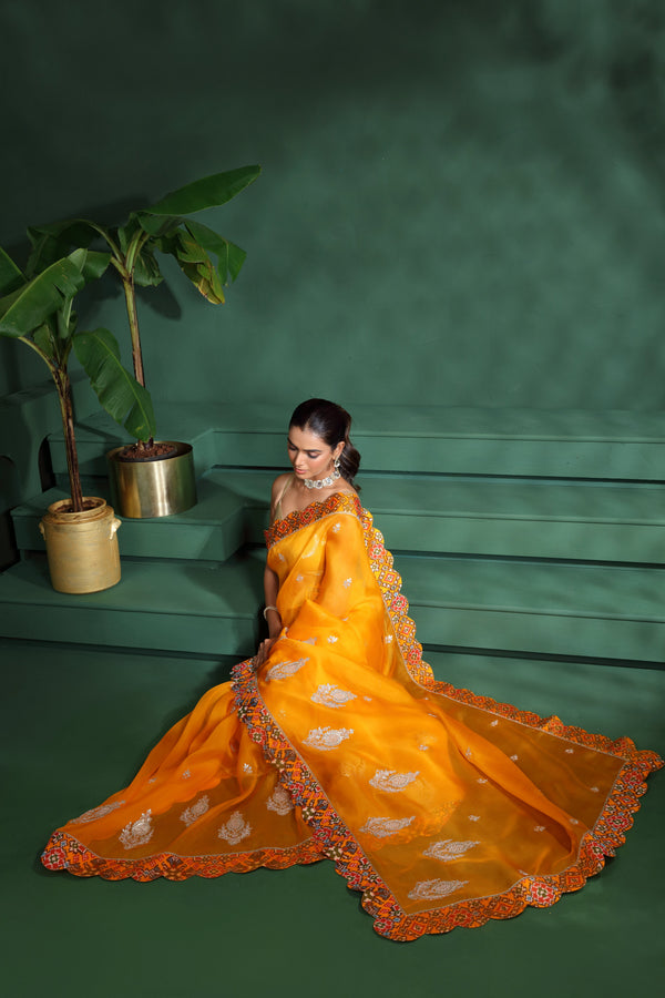 Yellow Organza Saree with Unstitched Blouse