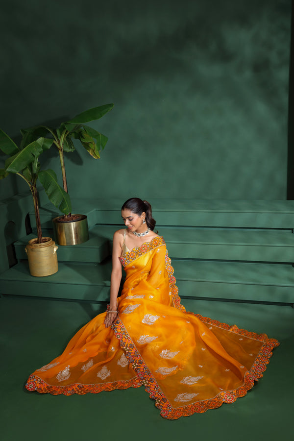 Yellow Organza Saree with Unstitched Blouse