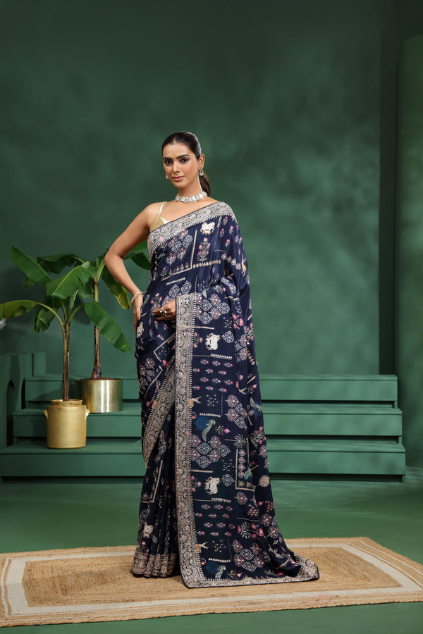 Navy Blue Crepe Saree with Unstitched Blouse