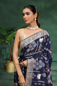 Navy Blue Crepe Saree with Unstitched Blouse