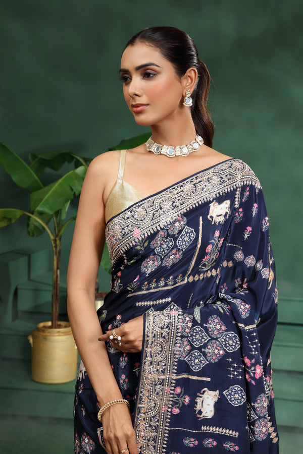 Navy Blue Crepe Saree with Unstitched Blouse