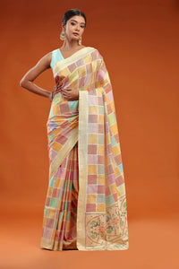 Multicolour Check Patola Silk Saree with Soft Gold Border