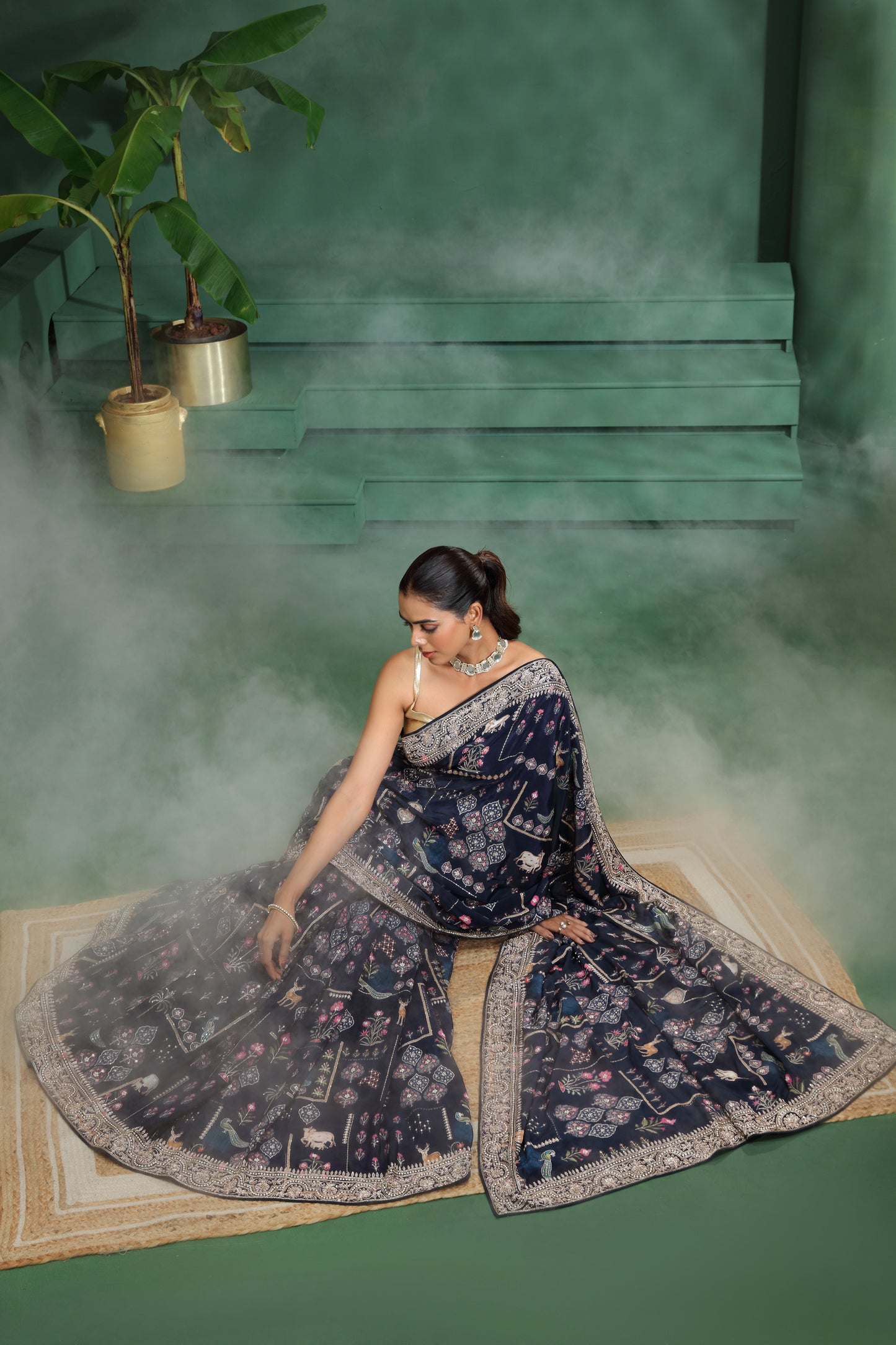 Navy Blue Crepe Saree with Unstitched Blouse