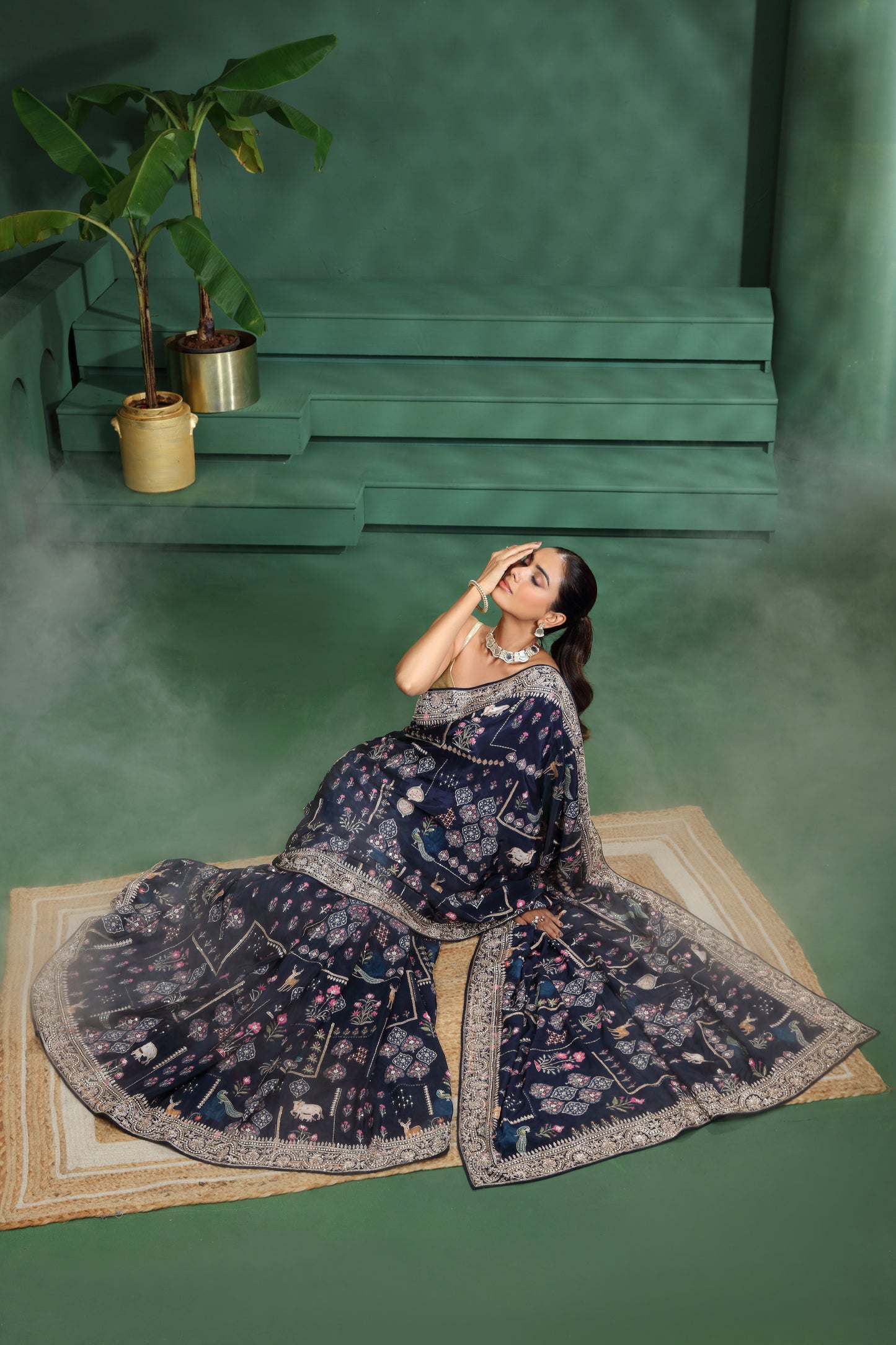 Navy Blue Crepe Saree with Unstitched Blouse