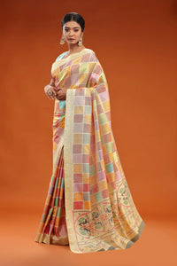 Multicolour Check Patola Silk Saree with Soft Gold Border